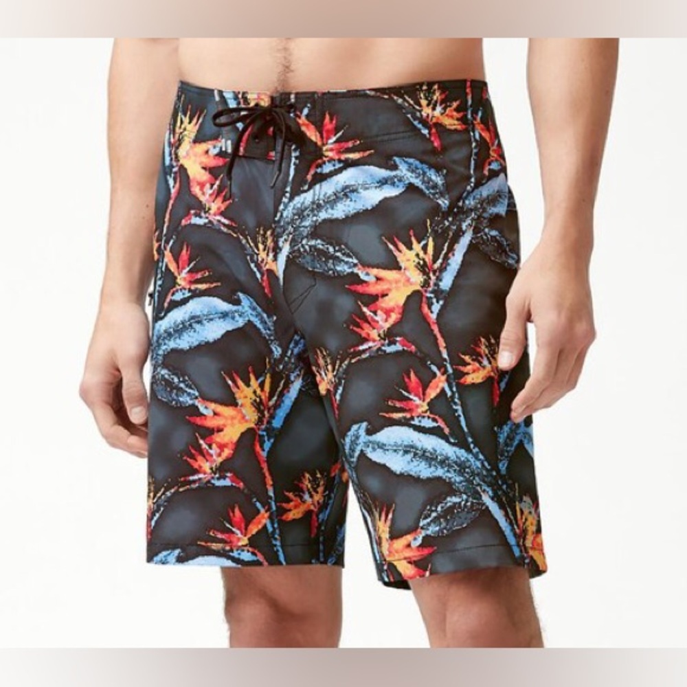NWT Tommy Bahama Navy Board Shorts with Pink and Orange Floral Print, Sz 42
